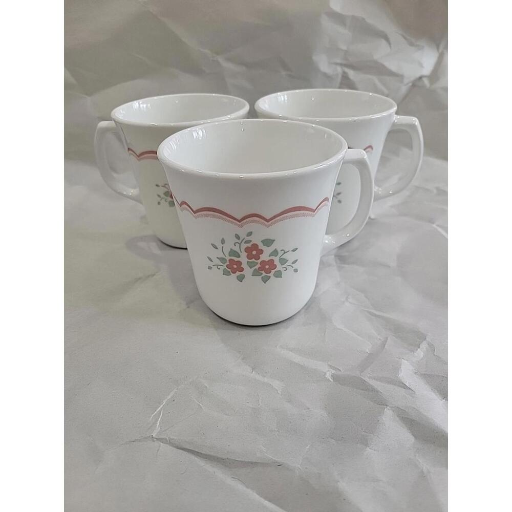 Corning "Lorraine" White Mug Pink Lines Pink Flowers Green Leaves 8 oz (3 Cups)